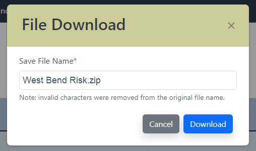 The File Download pop up will allow you to rename the download file package if needed.