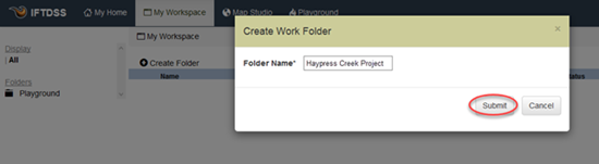 The 'create work folder' dialogue box contains a text field to name your folder, and buttons to submit or cancel