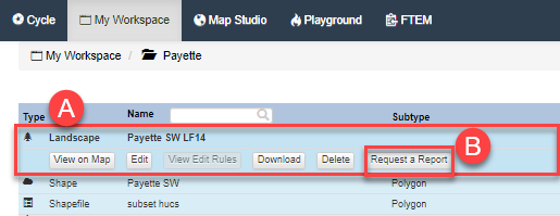 The 'request a report' button listed under the file options for a landscape file.