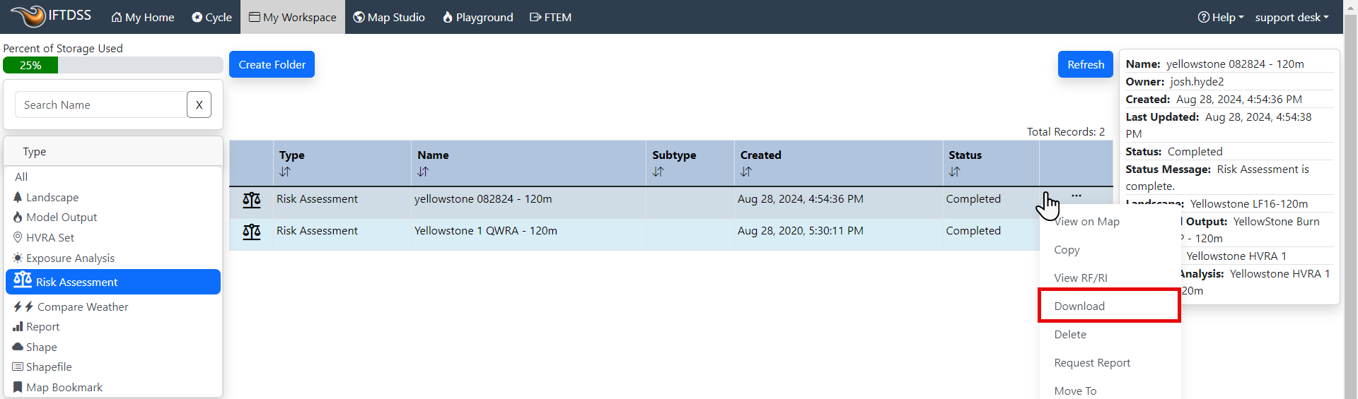 File options for QWRA files, with the "Download" option outlined.