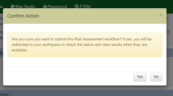 Confirm Action pop up box requesting you approve submission of the Risk Assessment workflow