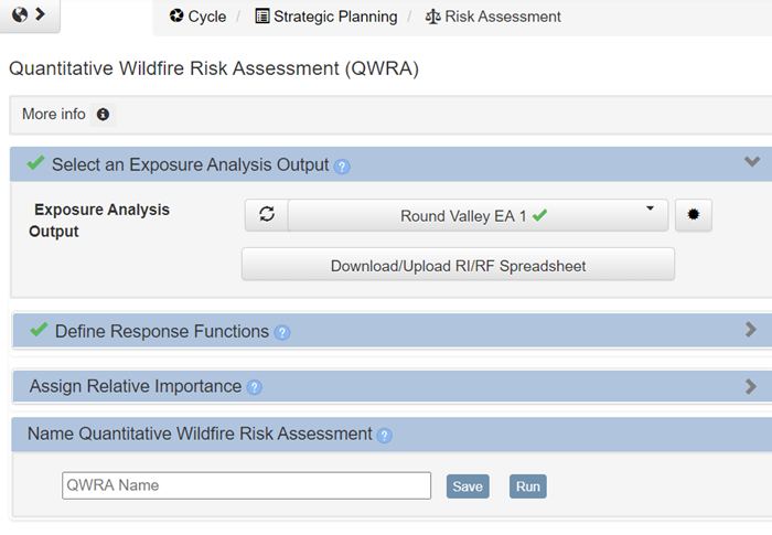 The QWRA inputs page showing headers for input fields including Exposure Analysis, Response Functions, Relative Importance, and Naming.