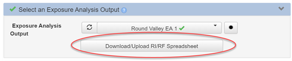 The "Download/Upload RI/RF Spreadsheet" option is located at the bottom of the "Select an Exposure Analysis Output" panel.