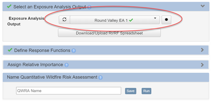 "Select an Exposure Analysis Output" section with the Exposure Analysis dropdown circled.