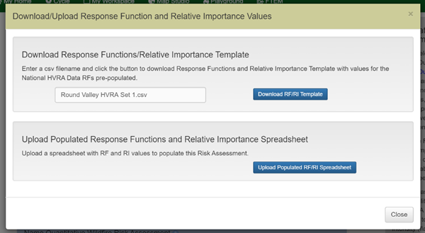 The "Download RF/RI Template" button visibile in the pop-up box that appears after clicking "Download/Upload RI/RF Spreadsheet".