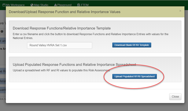 The "Upload Populated RF/RI Spreadsheet" button visibile in the pop-up box that appears after clicking "Download/Upload RI/RF Spreadsheet".