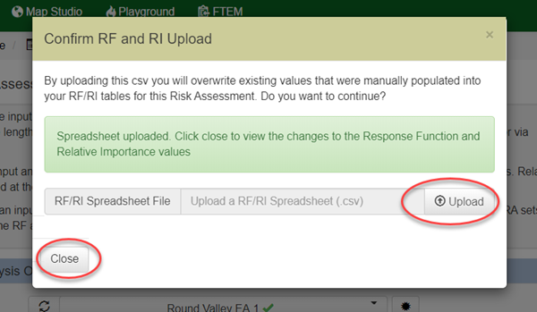 The "Confirum RF and RI Upload" box open with the "Upload" and "Close" buttons visibile.