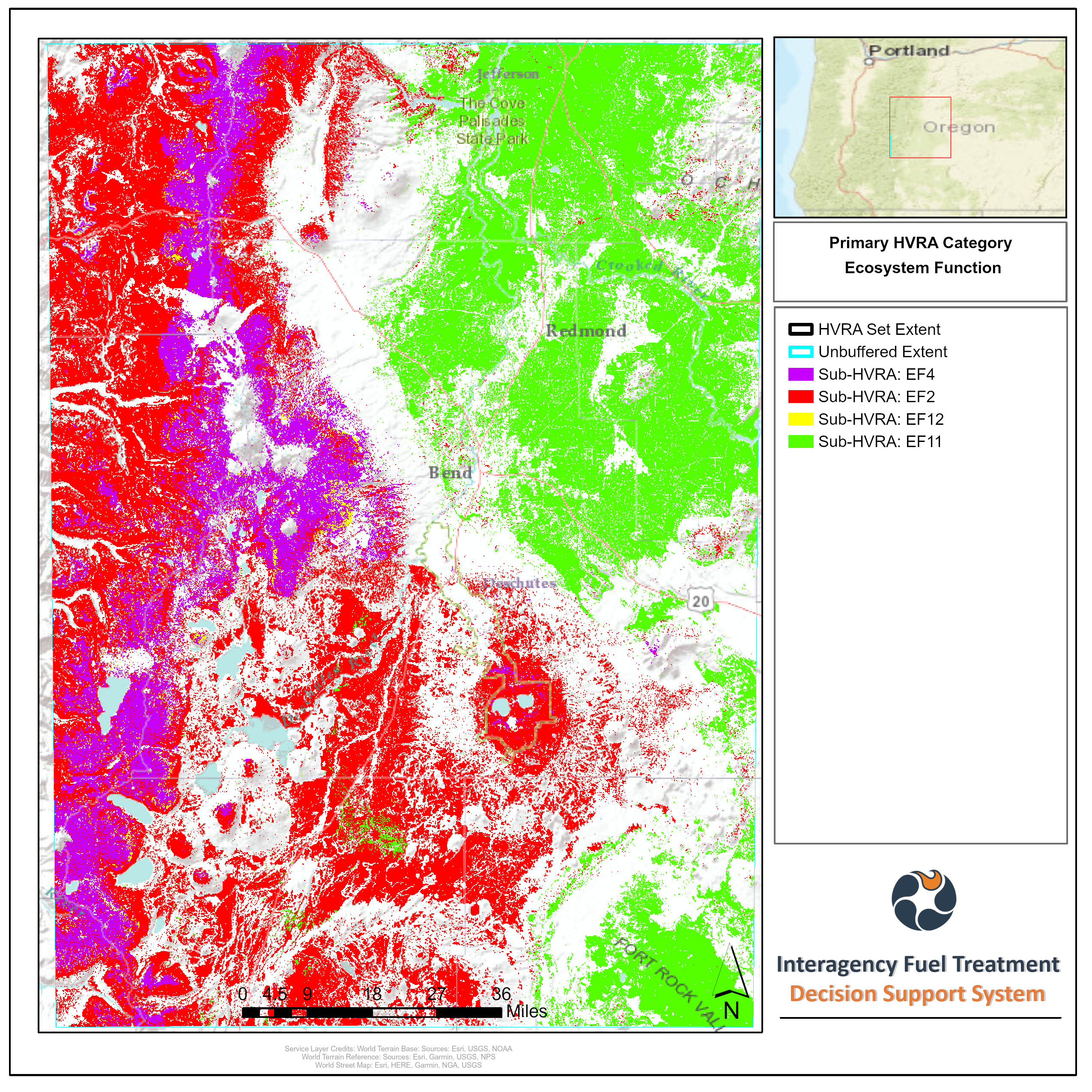 map showing all the Sub-HVRAs with a Primary HVRA Category, in this case Ecosystem Function