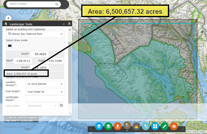 Screen capture of map studio, Landscape widget is open and a large area around 6 million acres is selected.